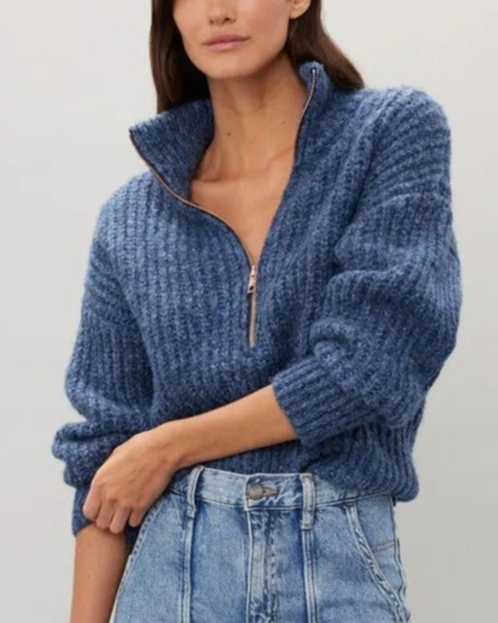 525 America Jackie Quarter Zip Sweater Womens L Blue Cozy Fall Quiet Luxury